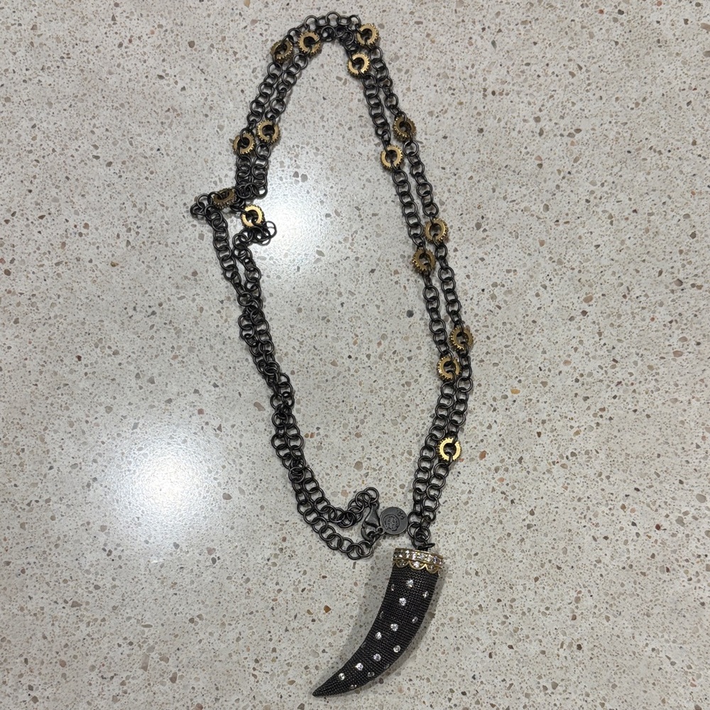 Black and Gold Horn Pendant Necklace 925 Freida Rothman missing stone Pave
